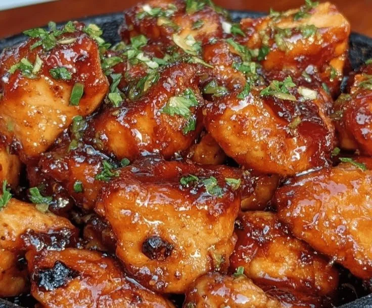 Delicious Bourbon Chicken served on a plate with rice and vegetables.