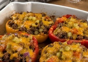 Delicious cheeseburger stuffed peppers filled with ground beef and cheese