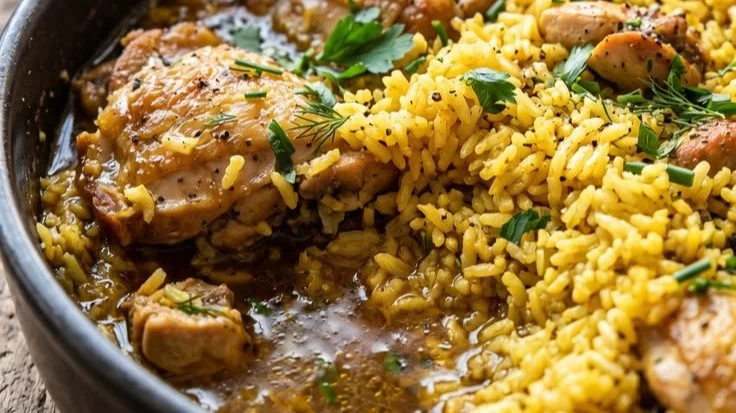 Delicious Chicken and Rice Bake casserole served in a dish.