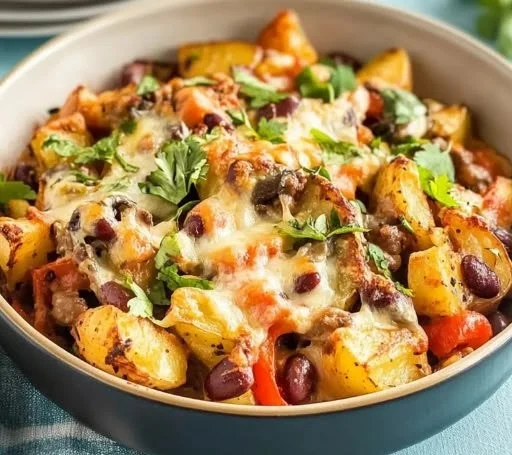 Cozy Mexican Bean and Potato Bake served in a dish.