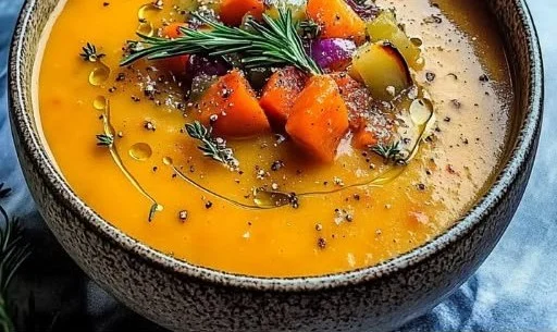 Bowl of cozy roasted vegetable soup garnished with fresh herbs