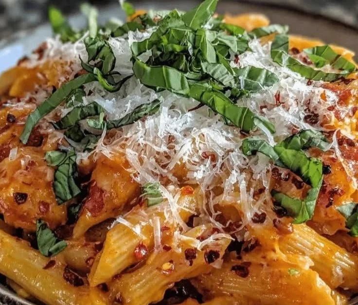 Creamy garlic tomato pasta in a one pot, garnished with fresh basil
