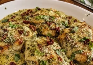 Creamy pesto chicken dish served with fresh basil and Parmesan cheese