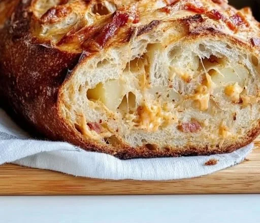Loaf of freshly baked potato sourdough bread on a wooden cutting board