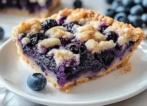 Delicious easy blueberry pie bars with shortbread crust on a plate