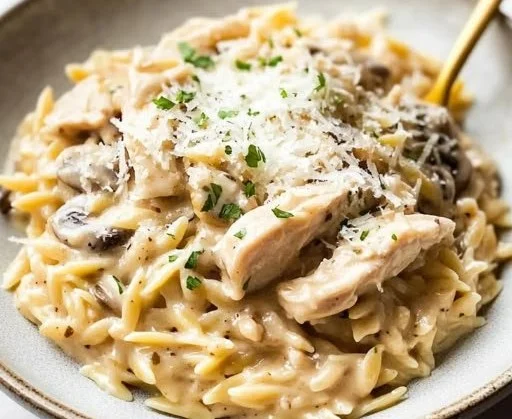 Delicious Chicken Marsala Orzo one-pot dinner served in a bowl