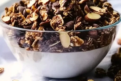 Bowl of homemade chocolate espresso granola with chocolate chips and nuts