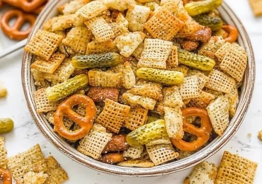 Bowl of Easy Five Minute Dill Pickle Chex Mix with a tangy flavor.