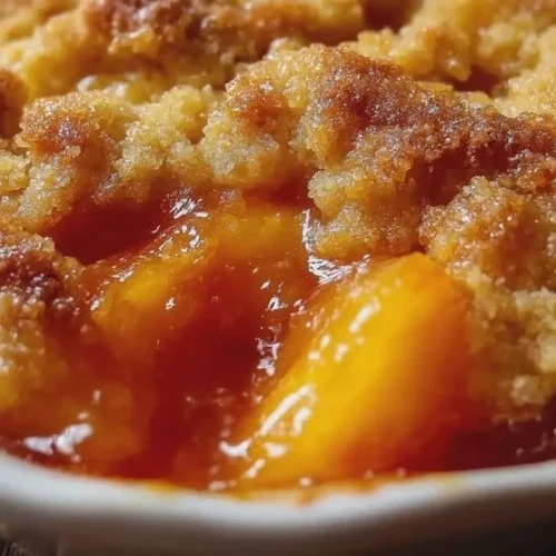 A delicious slice of easy homemade peach cobbler topped with ice cream.
