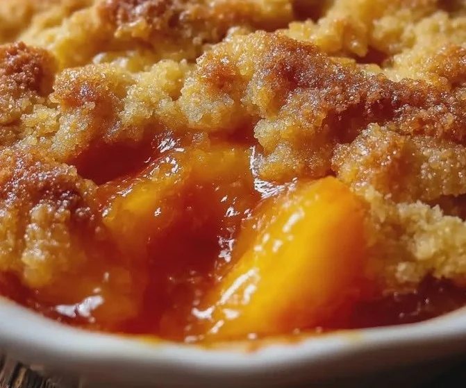 A delicious slice of easy homemade peach cobbler topped with ice cream.