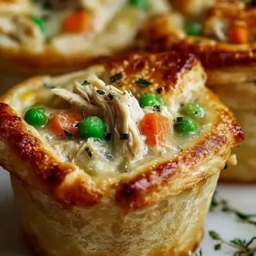 Mini chicken pot pies baked in a cozy setting, showcasing a comforting homemade dish.