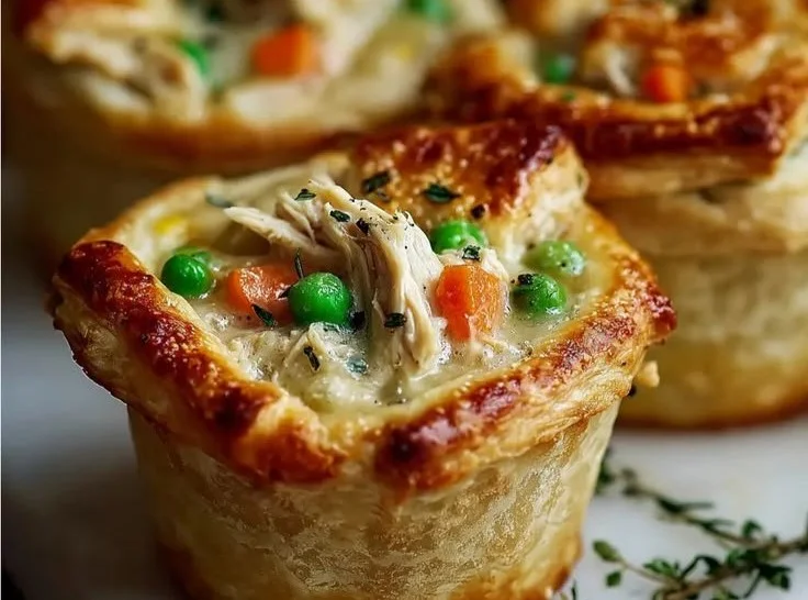 Mini chicken pot pies baked in a cozy setting, showcasing a comforting homemade dish.
