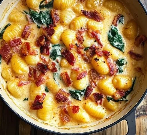 Delicious one-pot Tuscan bacon gnocchi served in a skillet