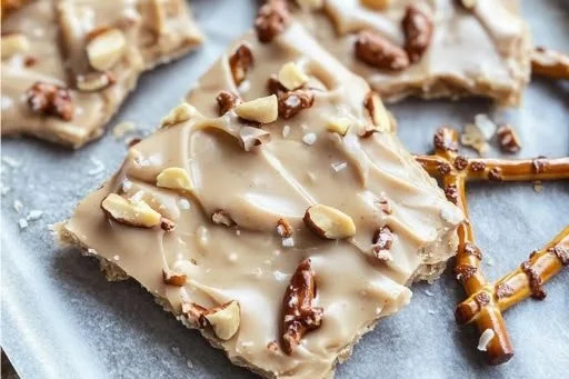 Delicious homemade peanut butter pretzel bark on a plate