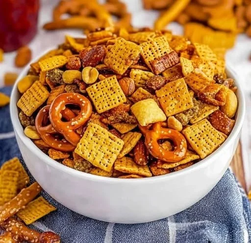 Bowl of easy spicy Chex Mix snack prepared with a variety of ingredients