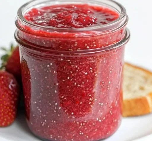 Easy strawberry chia jam recipe without sugar, made with fresh strawberries and chia seeds.