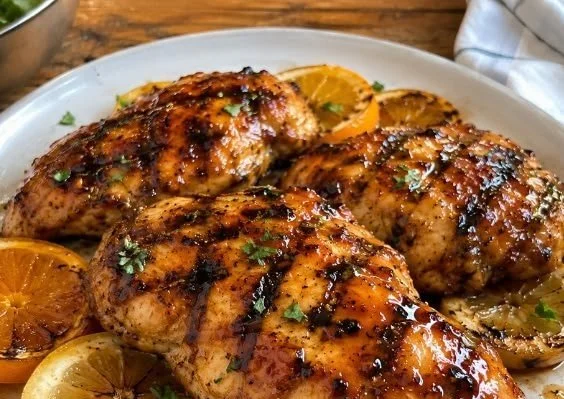 Delicious grilled citrus chicken with glaze on a grilling platter