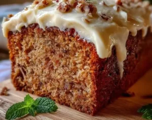 Moist Hummingbird Bread with Cinnamon Cream Cheese Frosting on a plate