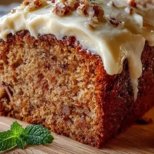 Moist Hummingbird Bread with Cinnamon Cream Cheese Frosting on a plate