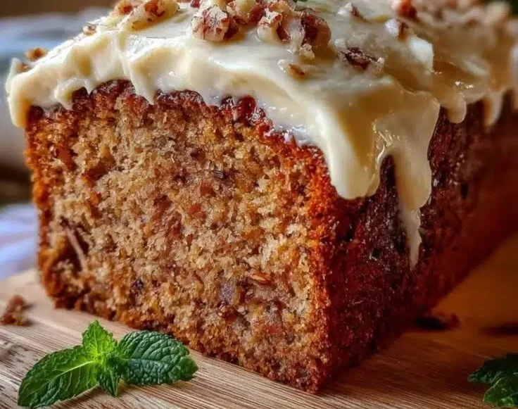 Moist Hummingbird Bread with Cinnamon Cream Cheese Frosting on a plate