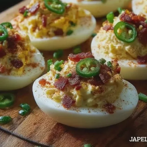 Jalapeño popper deviled eggs topped with turkey bacon, a delicious appetizer