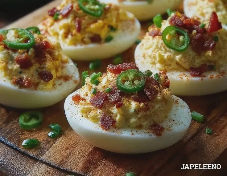 Jalapeño popper deviled eggs topped with turkey bacon, a delicious appetizer