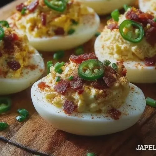 Jalapeño popper deviled eggs with turkey bacon on a serving platter