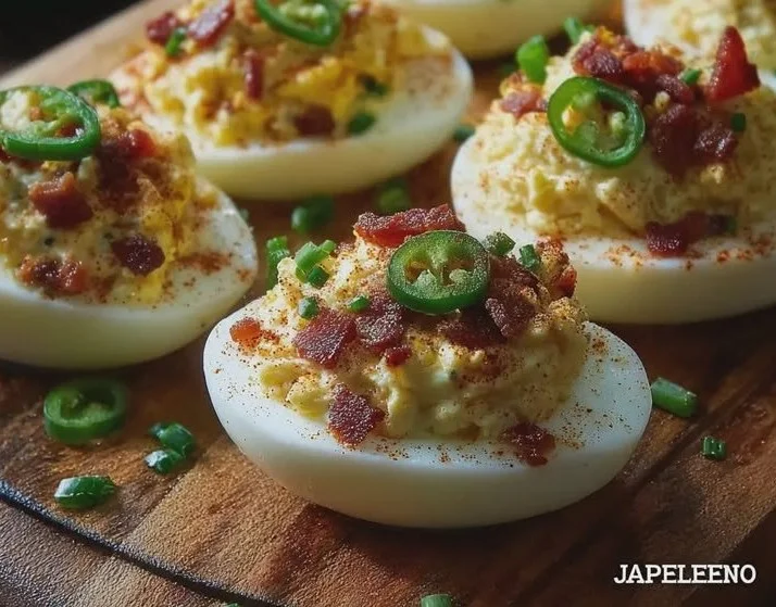 Jalapeño popper deviled eggs with turkey bacon on a serving platter