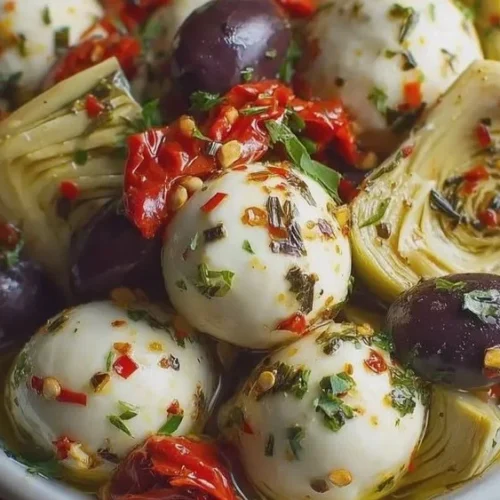 Delicious marinated mozzarella balls with artichokes and olives in a bowl.