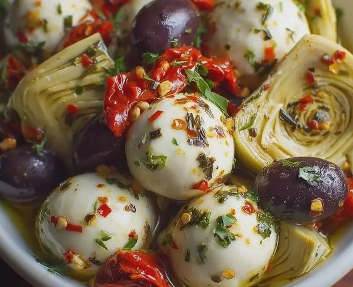 Delicious marinated mozzarella balls with artichokes and olives in a bowl.