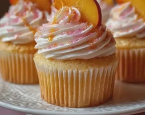 Delicious Minute Peach Bellini Cupcakes topped with peach frosting