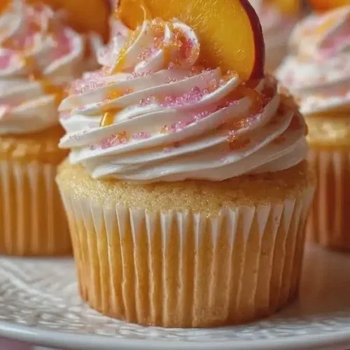 Delicious Minute Peach Bellini Cupcakes topped with peach frosting