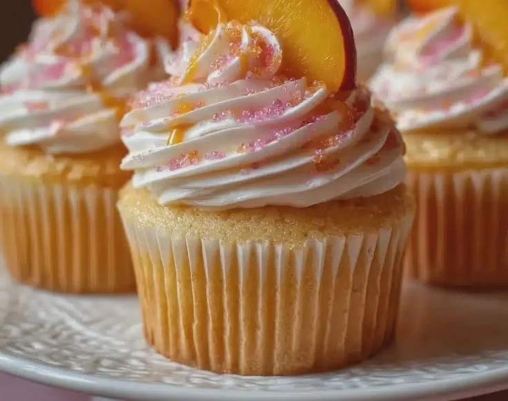 Delicious Minute Peach Bellini Cupcakes topped with peach frosting