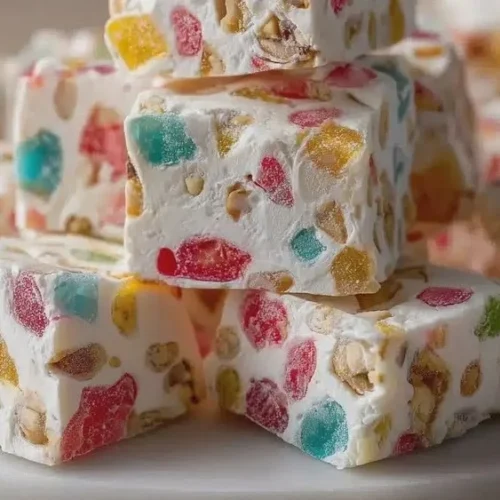 Colorful no-bake gumdrop nougat dessert on a plate