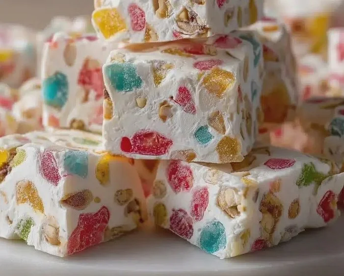 Colorful no-bake gumdrop nougat dessert on a plate