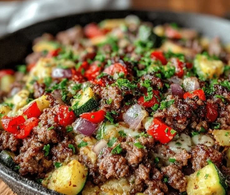 Delicious Mediterranean Beef Skillet served in a one-pan meal for healthy dinner options