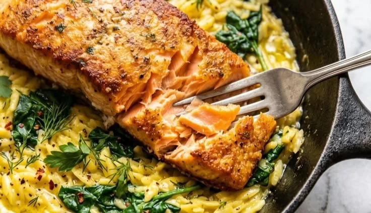 One Skillet Salmon served with Lemon Orzo garnished with fresh herbs