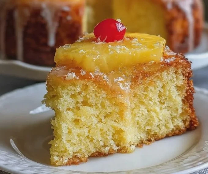 Delicious pineapple juice cake topped with fresh fruit and cream