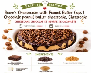 Delicious Reese's cheesecake with chocolate and peanut butter cups on top
