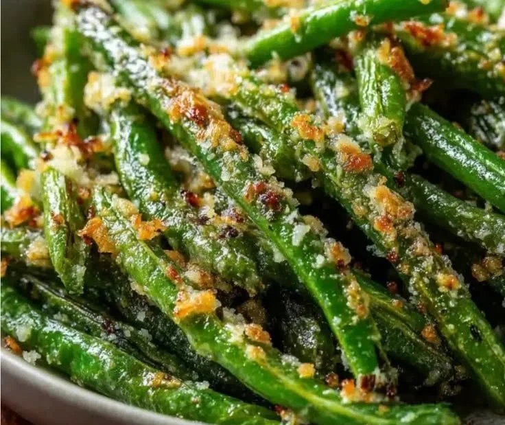 Roasted green beans with garlic and parmesan on a plate.