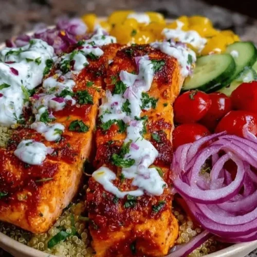 Delicious seared salmon bowl with Mediterranean ingredients, perfect for a quick dinner.