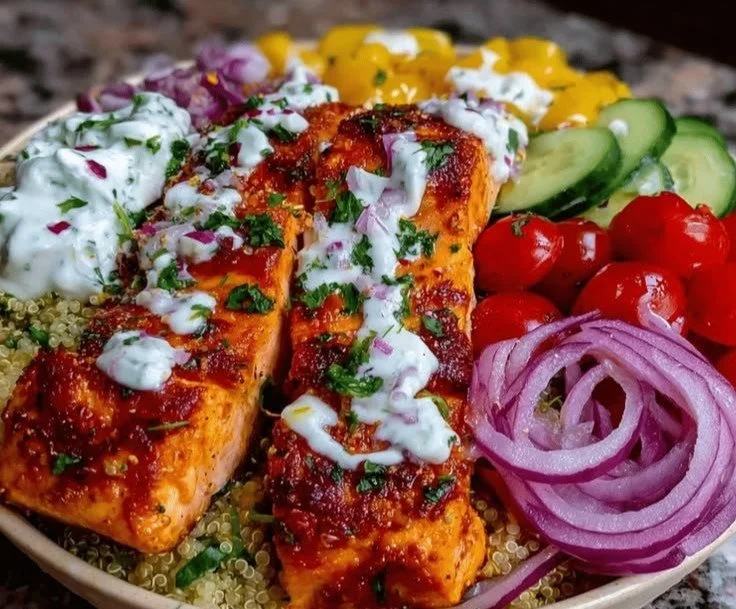 Delicious seared salmon bowl with Mediterranean ingredients, perfect for a quick dinner.