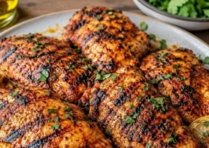 Delicious smoky grilled paprika chicken on a barbecue grill.