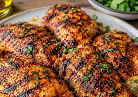 Delicious smoky grilled paprika chicken on a barbecue grill.