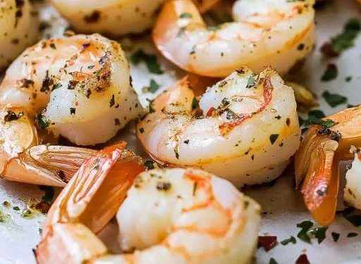 Delicious garlic herb roasted shrimp served on a plate with herbs