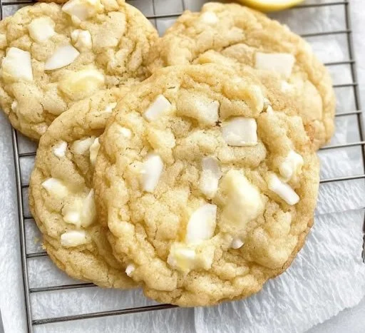 Lemon coconut white chocolate cookies on a plate, ready to enjoy.