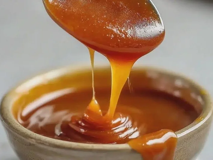 Delicious homemade caramel sauce in a glass jar with a drizzle on top.