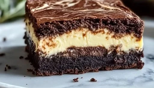 Decadent sourdough cheesecake brownies topped with a rich creamy layer.