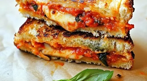 Delicious vegan pizza grilled cheese sandwich with melting cheese and fresh veggies.