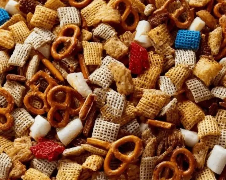 Savory White Trash Snack Mix with turkey bacon and chicken ham twist in a bowl.